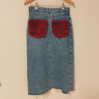 ザラ(ZARA)のザラ デニムスカート ロングスカート ポケット付き ファー レッド(ひざ丈スカート)