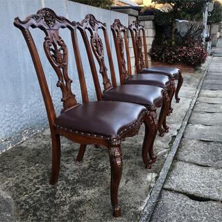 インドネシア 猫脚貴族の椅子 4匹 北欧風 手作り彫刻!真皮のマット