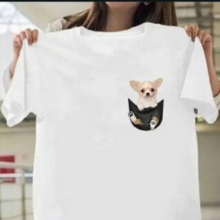 チワワ　アニマル　犬　プリントポケット　Tシャツ　ホワイト(Tシャツ/カットソー(半袖/袖なし))