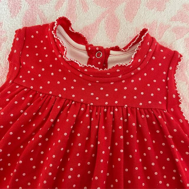 PETIT BATEAU(プチバトー)の*:ஐ着画ஐ:* プチバトー ୨୧ 赤ドット ロンパース付き ワンピース 12m キッズ/ベビー/マタニティのベビー服(~85cm)(ワンピース)の商品写真