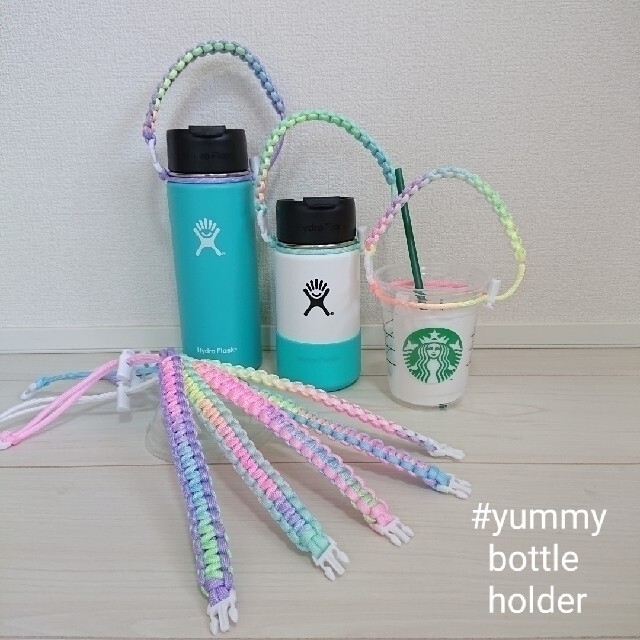 ドリンク ボトル ホルダー ☆ パステル レインボーパラコード  スタバ ハンドメイドのファッション小物(その他)の商品写真