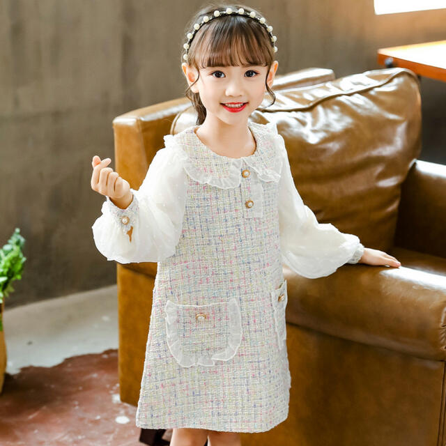 ♡ ツイード風 ワンピース ♡ 新品 白 130 フォーマル キッズ 女の子 キッズ/ベビー/マタニティのキッズ服女の子用(90cm~)(ワンピース)の商品写真