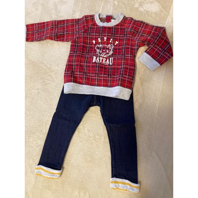 PETIT BATEAU(プチバトー)のプチバトー　トレーナー　パンツ　セット　ボーダー　赤チェック24m 86cm キッズ/ベビー/マタニティのベビー服(~85cm)(トレーナー)の商品写真