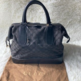 グッチ(Gucci)のグッチ　ミニボストンバッグ　ブラック　gg柄　キャンバス　レザー　レディース(ハンドバッグ)