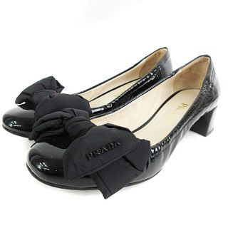 プラダ(PRADA)のプラダ パンプス リボン エナメル パテントレザー チャンキーヒール 黒(ハイヒール/パンプス)