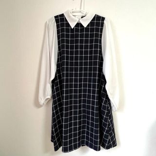 シマムラ(しまむら)のしまむら Aラインワンピース ネイビー 襟付き チェック 美品(ひざ丈ワンピース)