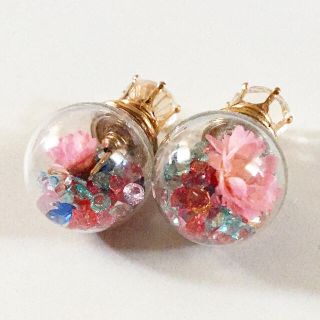 フラワー ガラスドーム ピアス マルチカラー ビジュー ハンドメイド