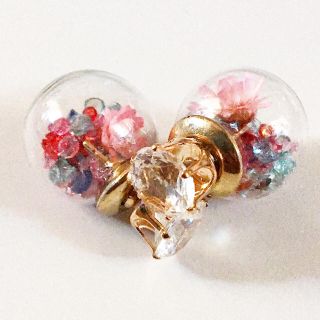 フラワー ガラスドーム ピアス マルチカラー ビジュー ハンドメイド
