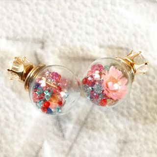 フラワー ガラスドーム ピアス マルチカラー ビジュー ハンドメイド