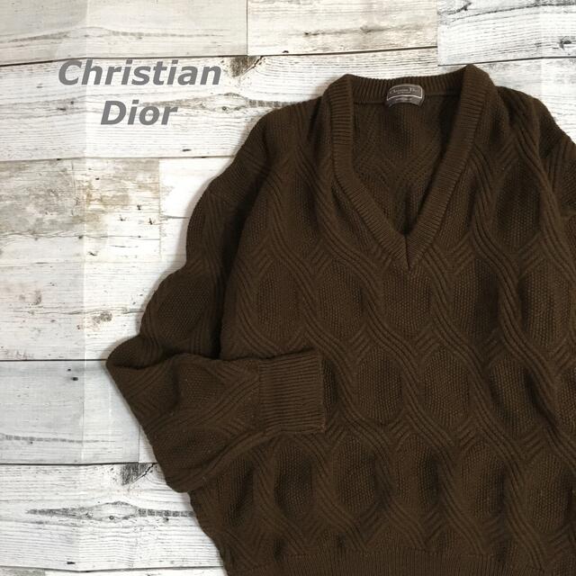 難ありクリスチャンディオールVネックニット立体ブラウンウールM