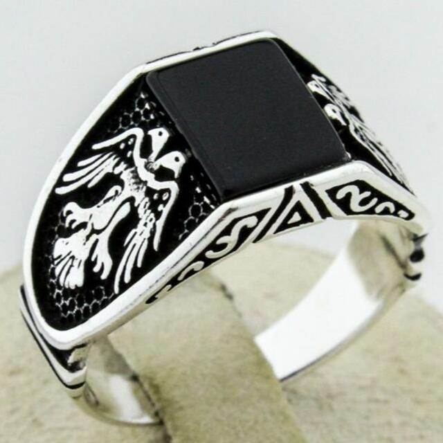 新品 ラグジュアリー 彫メンズ 指輪 シルバー ブラック オニキス風 イーグル メンズのアクセサリー(リング(指輪))の商品写真