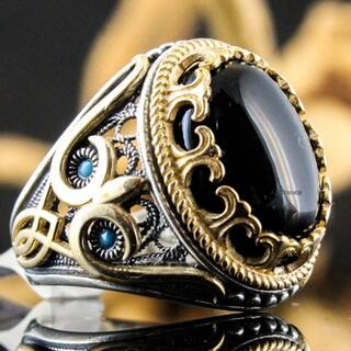 新品 ラグジュアリー 彫メンズ 指輪 コンビ ブラック オニキス風(リング(指輪))