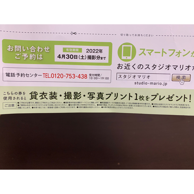 Kitamura(キタムラ)のスタジオマリオ 無料 お試し券 チケットの優待券/割引券(その他)の商品写真