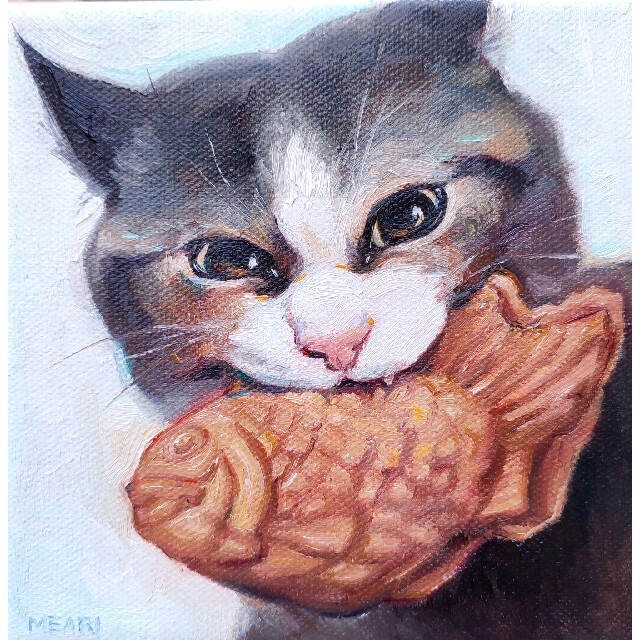 2021年新作 「返さないぞ!」猫　鯛焼　油絵　手描き　絵画　原画 絵画+タペストリー