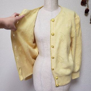 ビンテージ 70s アンゴラ ハンドメイド ニット カーディガン 青 美品