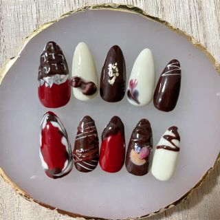 バレンタインネイル チョコネイル 紗々ネイル ネイルチップ ハンドメイド