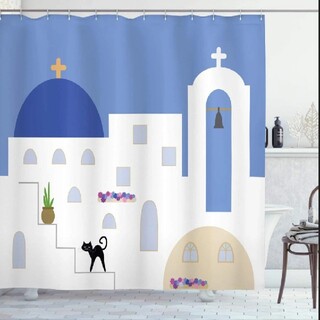 サントリーニ島の猫と花と教会　ねこ　地中海　シャワーカーテン(カーテン)
