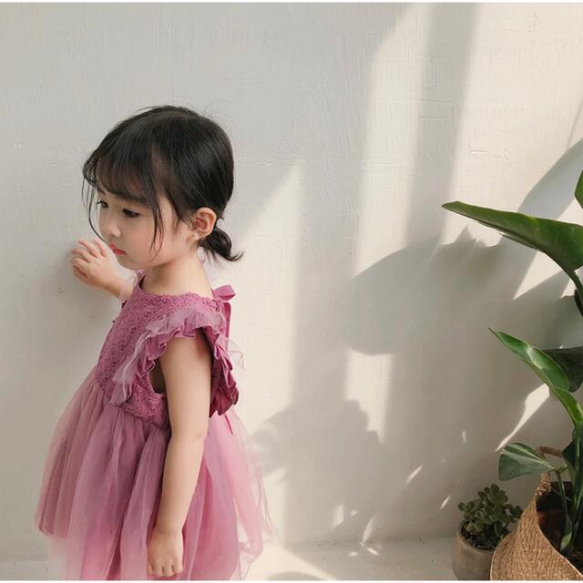 ♡ バックリボン ワンピース ♡ 90 新品 レース チュール パープル キッズ/ベビー/マタニティのキッズ服女の子用(90cm~)(ワンピース)の商品写真