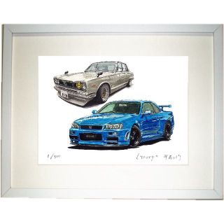 美術品/アンティークNC-388 GT-R R34/R32限定版画 直筆サイン額装済●作家平右ヱ門