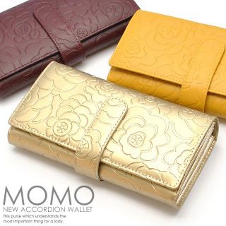 【MOMO】花柄型押しプレーンレザーアコーディオンウォレット(財布)