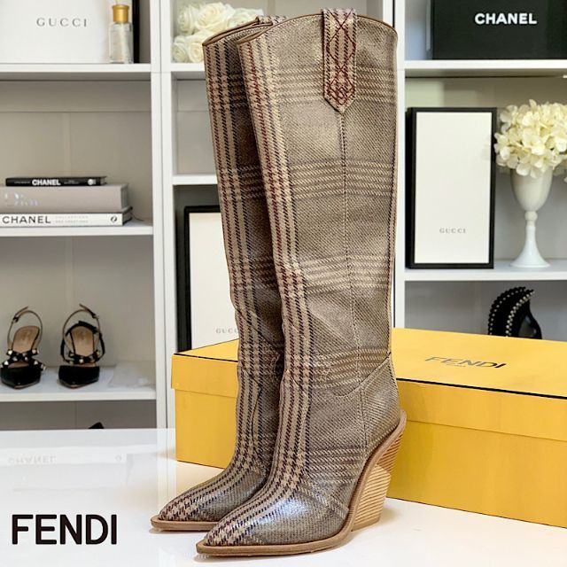 FENDI - 3610 フェンディ ウッド ロングブーツ チェック グレー系の 