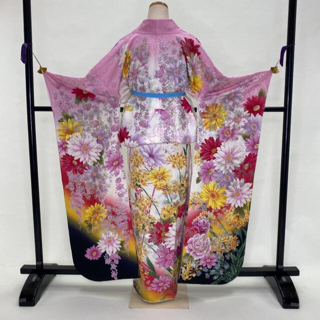 振袖☆正絹☆白 ピンク☆花柄☆裄70.5cm☆假屋崎省吾☆成人式☆中古 D