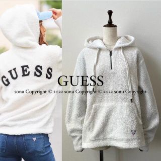 ゲス(GUESS)のオンライン限定 GUESS ゲス ロゴ ボア ハーフジップ パーカー L 白(パーカー)