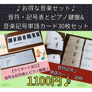 【お得なセット】音符・記号表とピアノ鍵盤&音符記号単語カード30枚(ピアノ)