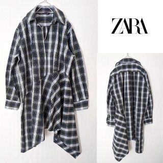 ザラ(ZARA)のZARA ザラ シャツチュニック ひざ丈 長袖 アシンメトリー ブルー  S(チュニック)