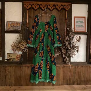 ＊vintage・cottonアフリカンパッチワークスカラップ刺繍ワンピース(ロングワンピース/マキシワンピース)