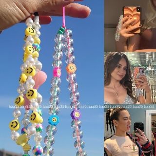 ♡再入荷♡【新品】お花ニコちゃん クリアビーズ スマホ ストラップ iPhone(ストラップ/イヤホンジャック)