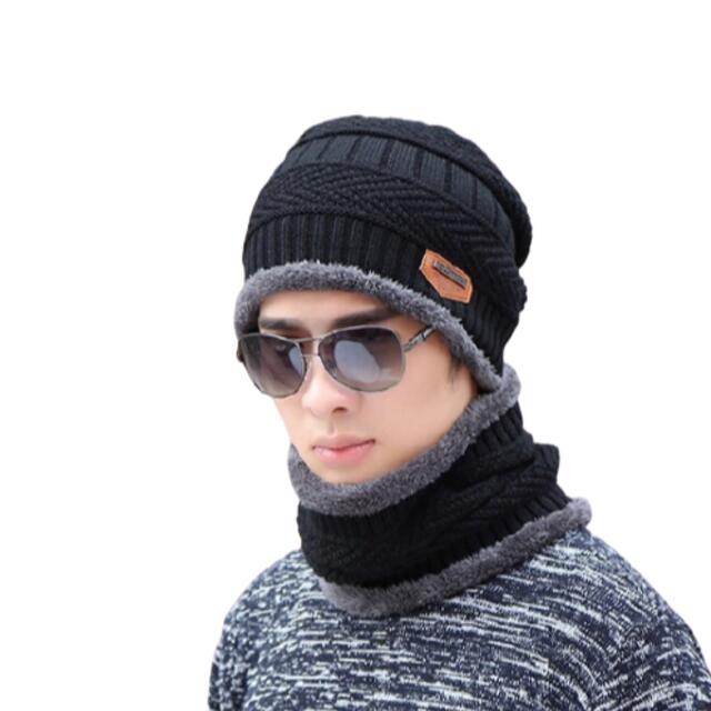 防寒対策　2点セット　男女兼用　ニット帽ネックウォーマー　スキースノボーブラック メンズの帽子(ニット帽/ビーニー)の商品写真