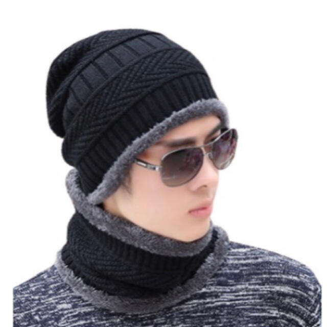 防寒対策　2点セット　男女兼用　ニット帽ネックウォーマー　スキースノボーブラック メンズの帽子(ニット帽/ビーニー)の商品写真