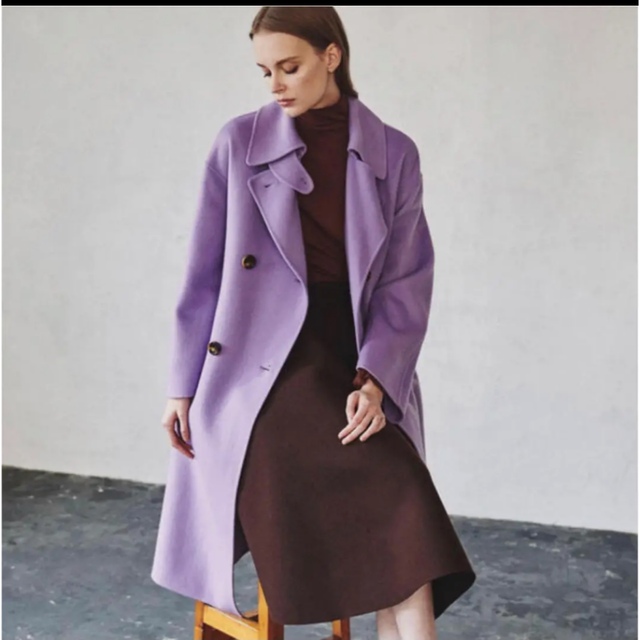 美品　ルシェルブルー　ロングコート　ノーカラー　比翼　スタンド　メルトン　紫色