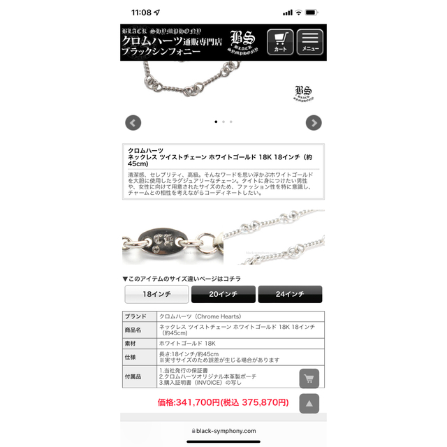 Chrome Hearts(クロムハーツ)のクロムハーツ ツイストチェーン ホワイトゴールド 18インチ インボイス原本付 メンズのアクセサリー(ネックレス)の商品写真