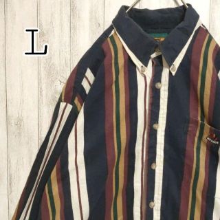 ストライプシャツ　ボタンダウン　長袖シャツ 柄シャツ　L アメリカ　古着(シャツ)