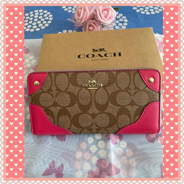 COACH コーチ 長財布シグネチャー*紙袋付き*(ローズレッド&ブラウン ...