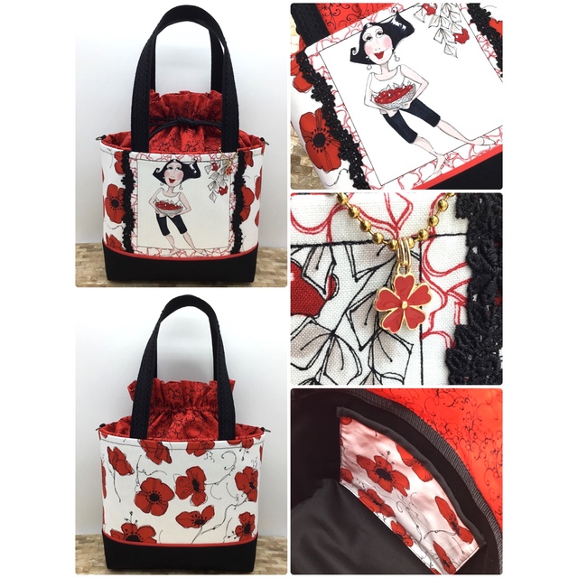 Lady in Red  Poppies柄♡巾着付きトートバッグ ハンドメイドのファッション小物(バッグ)の商品写真