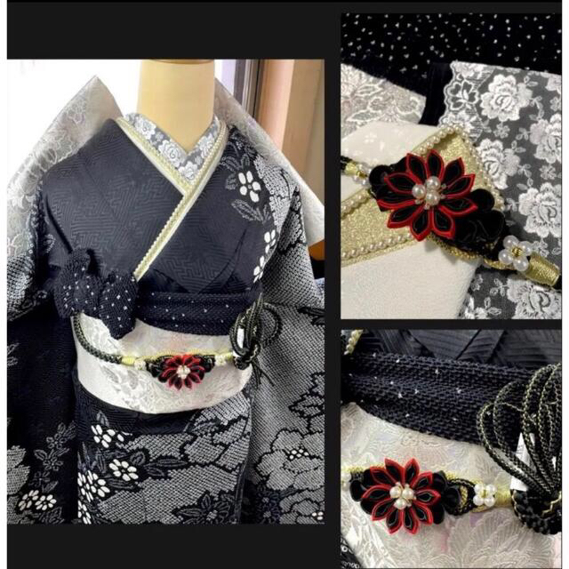 豪華振袖七点セット*本絞り逸品美品*黒白金駒刺繍本疋田総柄の通販 by