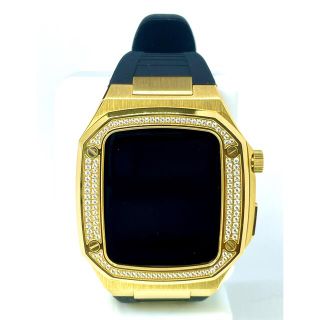 Apple Watch ケース 44mm 用 カバー ゴールド ジルコニア 黒(ラバーベルト)