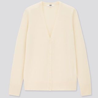 ユニクロ(UNIQLO)のエクストラファインメリノＶネックカーディガン(長袖)オフホワイト　Ｌ(カーディガン)