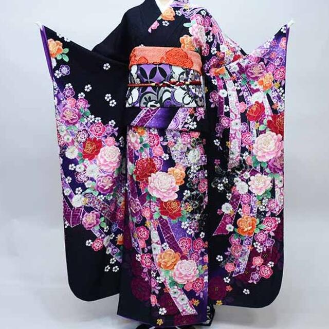 振袖 振袖 正絹 着物 単品 仕立て上がり 百花繚乱 黒地×紫 NO36662