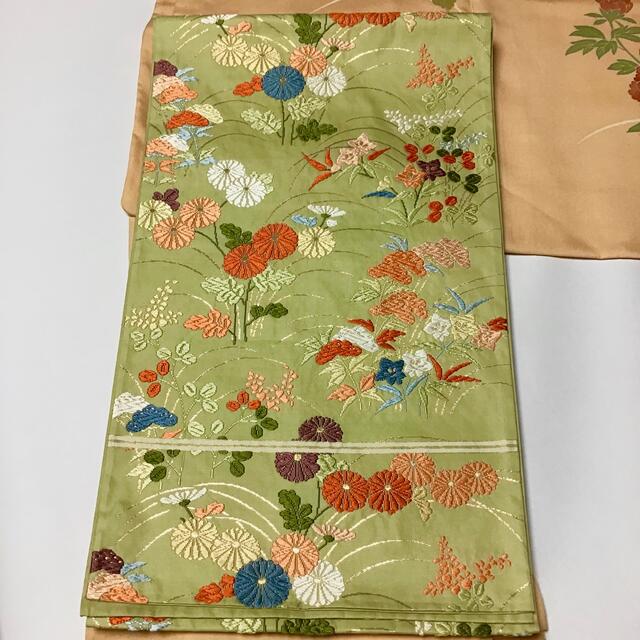 正絹 六通の刺繍帯【萌葱色・袋帯】