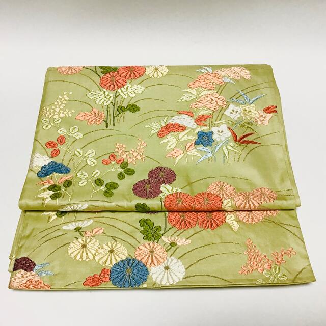 正絹 六通の刺繍帯【萌葱色・袋帯】