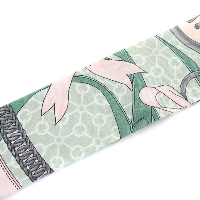 エルメス ツイリー スカーフ シルク リボン チェーン柄 ピンク グレー