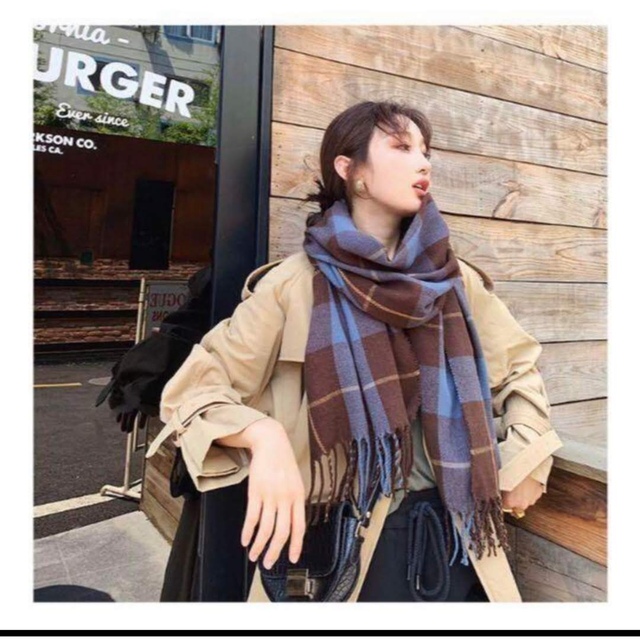 カシミア100％英国”New19FW☆新作Tartan-check”茶青 レディースのファッション小物(ストール/パシュミナ)の商品写真