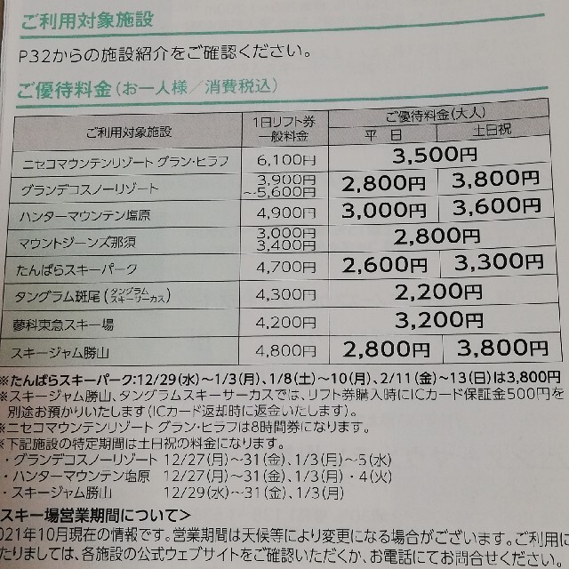 今季終了まで可能◆東急スポーツ割引券 チケットの施設利用券(スキー場)の商品写真