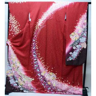 振袖 正絹 着物 単品 仕立て上がり 百花繚乱 ラメ 桜 赤色 NO36688の