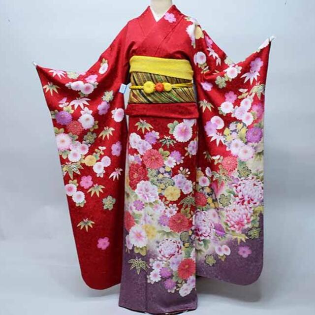 振袖 正絹 着物 単品 仕立て上がり 菊 牡丹 花刺繍 赤色 NO36681の通販