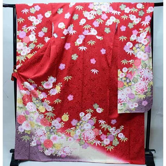 訪問着 牡丹 刺繍 茶 赤 身丈159.5cm 裄丈65cm 正絹 仕立て上がり